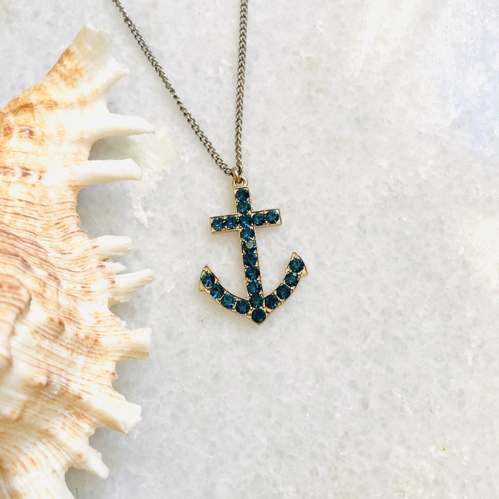 Vintage Dark Blue Rhinestone Anchor Pendant Necklace Silver Chain Beach 25”